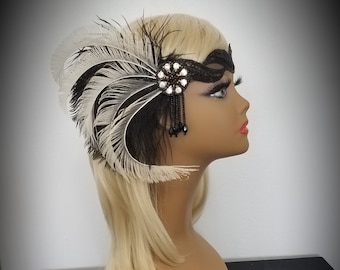 PEACOCK FEATHER FLAPPER Headpiece, Feather Headband, Roaring 20's, Beaded Gatsby Headband, Other Colors Available, Style -"Savannah"