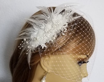 Flower, Feather, Rhinestone and Pearl Headpiece, Other Color Feathers Available, Bridal Headpiece With or Without Veil Style - "Jessa"