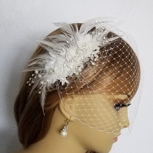 Flower, Feather, Rhinestone and Pearl Headpiece, Other Color Feathers Available, Bridal Headpiece With or Without Veil Style - &quot;Jessa&quot;