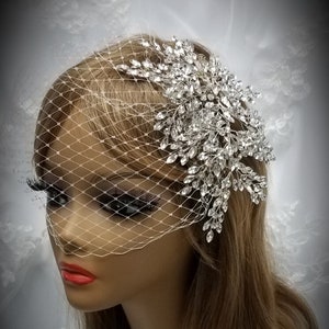 LARGE RHINESTONE BRIDAL Headpiece, With or Without Birdcage, Tulle or Sparkle Veil, Wedding, Formal Headpiece, Style Name - &quot;Contessa&quot;