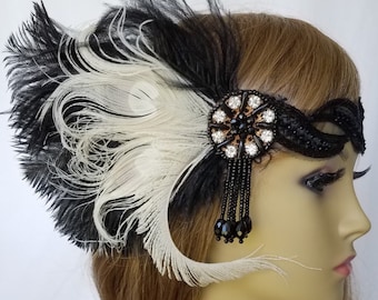IVORY CHAMPAGNE PEACOCK Feather Flapper Headpiece, Downton Abbey, Feather Headband, Roaring 20's Flapper, Gatsby - Style - "Ashley Ivory"