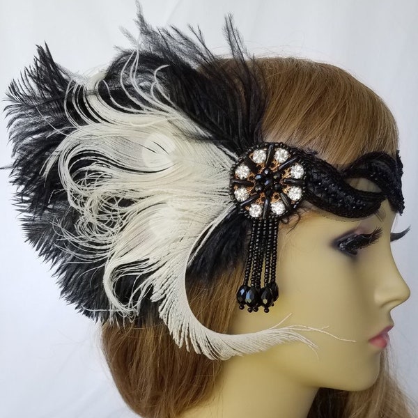 IVORY CHAMPAGNE PEACOCK Feather Flapper Headpiece, Downton Abbey, Feather Headband, Roaring 20's Flapper Headband, Gatsby "Ashley Ivory"