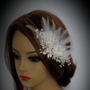 FEATHER FLOWER BRIDAL Comb, Can Do Other Color Feathers, Rhinestone and Pearl Bridal Headpiece With or Without Veil Style-"Feathered Elise"