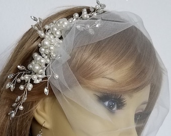 IVORY BRIDAL COMB, Pearl and Rhinestone Bridal Headpiece With or Without Birdcage Veil "Shania"