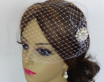 BIRDCAGE VEIL With Your Choice Of Embellishment plus Rhinestone Hairpin - 4 Colors Available - Style - "Jolene"