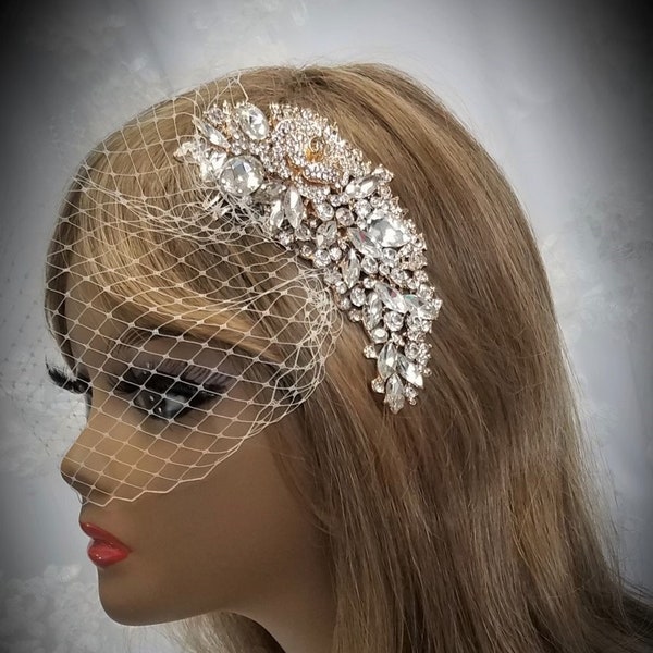 LARGE GOLD RHINESTONE Bridal Comb Headpiece, With or Without Birdcage, Tulle or Sparkle Veil, Wedding, Formal Headpiece, Style Name - "Tyra"