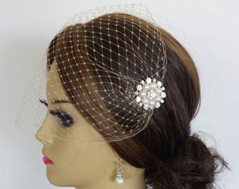 Birdcage Veil with Rhinestone Hairpin, Choose Embellishment - Style - "Susie"
