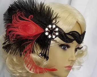 RED and BLACK FEATHER Flapper Headpiece, Downton Abbey, Roaring 20's Feather Flapper Headband, Gatsby Headband - Style - "Ashley Red"
