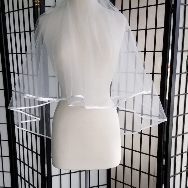 TWO TIER SATIN Edge Veil, Elbow Length Bridal Veil With Blusher, Soft Wedding Veil, White, Off White, Light Ivory, Style-"Veronica"