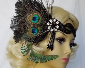 PEACOCK FEATHER FLAPPER Headpiece, Downton Abbey, Feather Headband, Roaring 20's Flapper Headband, Beaded Gatsby Headband "Ashley Peacock"