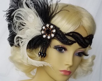 IVORY PEACOCK FEATHER Flapper Headpiece, Champagne Flapper, Downton Abbey, Feather Headband, Roaring 20's Headband, Gatsby "Ashley Ivory"