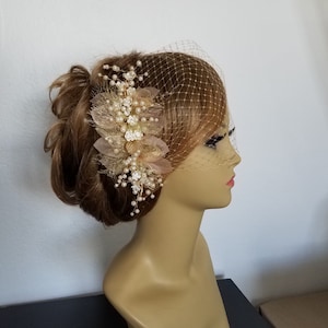 GOLD, IVORY, BLUSH, Bridal Headpiece, Faux Pearl and Rhinestone Bridal Hair Vine With or Without Birdcage Veil, BoHo "Sierra"