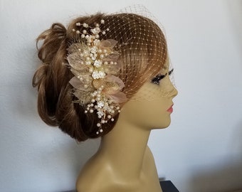 GOLD, IVORY, BLUSH, Bridal Headpiece, Faux Pearl and Rhinestone Bridal Hair Vine With or Without Birdcage Veil, BoHo "Sierra"