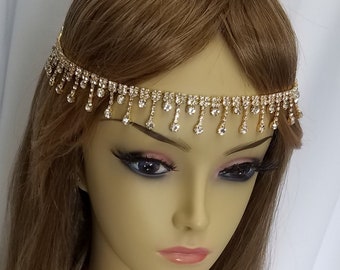 RHINESTONE HEAD CHAIN Gold or Silver Gatsby Headchain with or without Birdcage Bandeau Veil, Face Chain - Style - "Charlene"