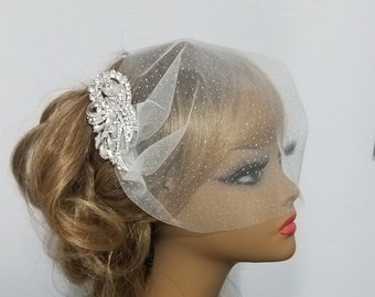 Rhinestone Bridal Headpiece With Birdcage, Tulle or Sparkle Veil - Style - "Jasmin"
