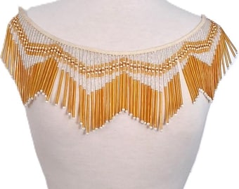 Gold, White and Clear Glass Beaded Vintage Tassel Fringe Trim Perfect For Costume, Home Decor, Lamp