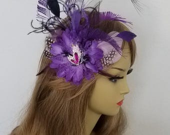 Purple Feather Headpiece, Flower Hair Clip, Gatsby Style - "Lilly"
