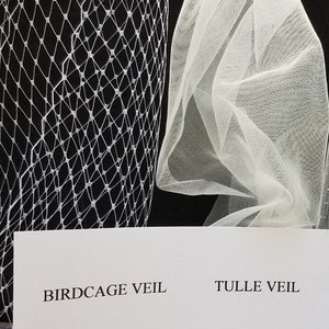 May include: Two types of bridal veils: a white birdcage veil and a white tulle veil. The text "Birdcage Veil" and "Tulle Veil" is printed on a white card.