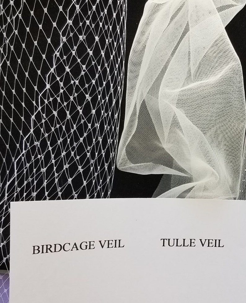 May include: Two types of bridal veils: a white birdcage veil and a white tulle veil. The text "Birdcage Veil" and "Tulle Veil" is printed on a white card.