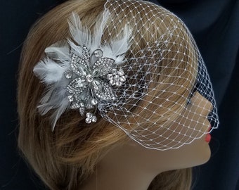 RHINESTONE FLOWER and FEATHER Bridal Headpiece, With or Without Birdcage Veil, Bridal Comb, Other Color Feathers, Style - "Feathered Angie"