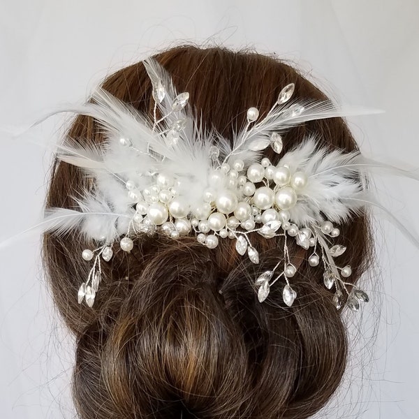 IVORY FEATHER Pearl and Rhinestone Bridal Headpiece With or Without Birdcage Veil, Other Feather Colors Available - Style- "Shania Feather"