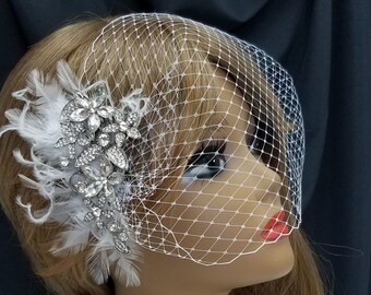FEATHER RHINESTONE FLOWER Bridal Headpiece, With or Without Veil, Other Feather Colors Available, Style Name- "Feathered Angelina"