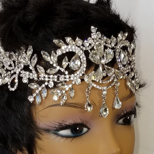 CRYSTAL RHINESTONE HEADPIECE Silver or Gold Tone Rhinestone Bridal Head Chain With or Without Veil, Dazzling  "Venetia"