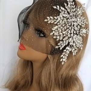 LARGE RHINESTONE BRIDAL Headpiece, With or Without Birdcage, Tulle or Sparkle Veil, Wedding, Formal Headpiece, Style Name - "Contessa"