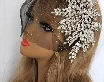 LARGE RHINESTONE BRIDAL Headpiece, With or Without Birdcage, Tulle or Sparkle Veil, Wedding, Formal Headpiece, Style Name - "Contessa"