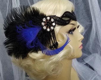 BLUE and BLACK PEACOCK Feather Flapper Headpiece, Downton Abbey, Feather Headband Roaring 20's Flapper Headband Gatsby - Style "Ashley Blue"