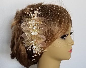 PINK, WHITE and GOLD Bridal Headpiece, Pearl and Rhinestone Bridal Vine With or Without Birdcage or Tule Veil, BoHo - Style - "Pink Sierra"