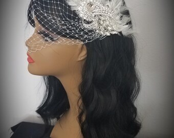 Rhinestone and Feather Bridal Headpiece, With Birdcage, Tulle or Sparkle Veil. Other colors - Style "Feathered Jasmin"