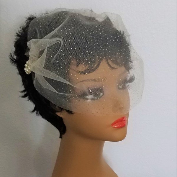 SPARKLE BIRDCAGE VEIL - White, Ivory, Champagne or Black With Your Choice Of Embellishment plus Rhinestone Hairpin -Style - "Sparkle Susie"