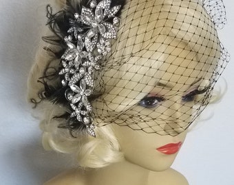 LARGE RHINESTONE BLACK Feather Headpiece, Other Color Feathers Available, With or Without Veil, Bridal Comb,  Style-"Black Feather Arizona"
