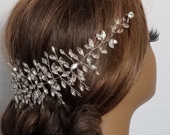 LARGE RHINESTONE HEADPIECE Silver Tone Crystal Rhinestone Bridal Head Piece With or Without Bandeau Veil, Dazzling  Style -"Renatta"