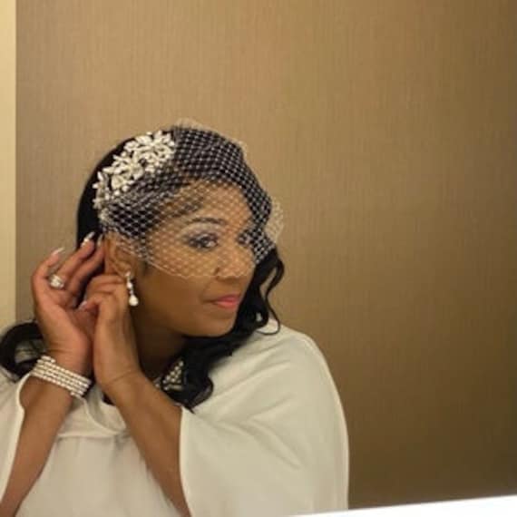 Rhinestone Flower Bridal Headpiece with Birdcage or Tulle Veil - Style - "Arizona"