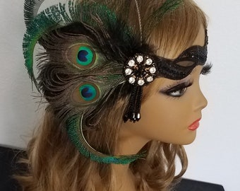 Peacock Feather Flapper Headband, Beaded Gatsby Headpiece, Roaring 20s -Style - "Scarlett"