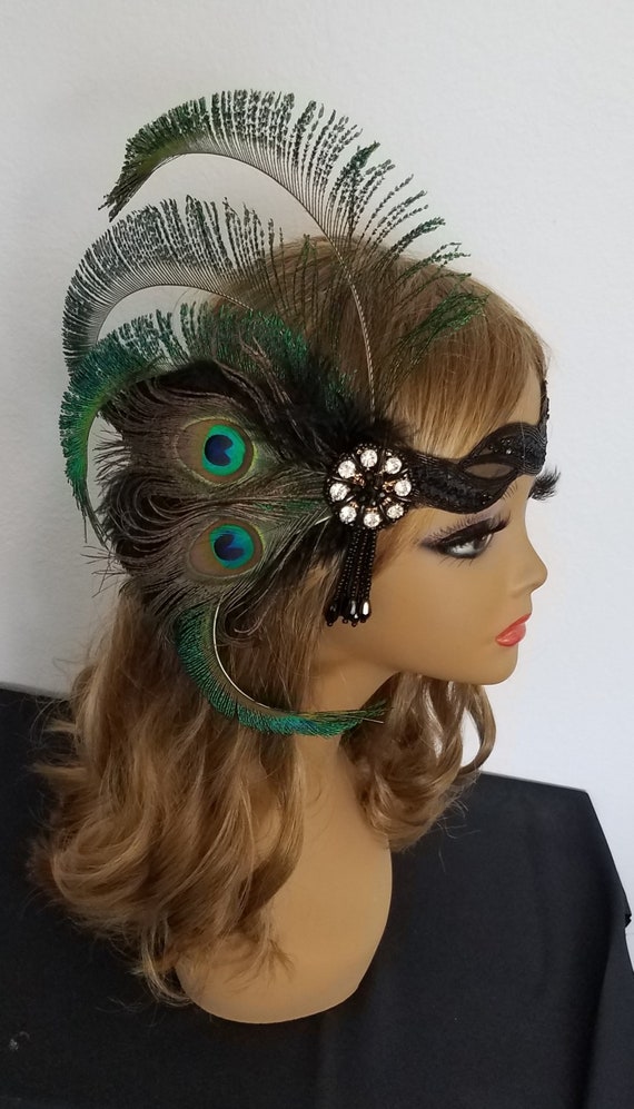 Peacock Feather Flapper Headband, Beaded Gatsby Headpiece  display picture 3