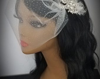 Rhinestone Feather Bridal Headpiece With or Without Veil, Other Feather Colors Available - Style-"Jasmin Feather"