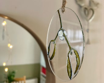 Adorno de muérdago de vitral pintado a mano para Navidad y regalos románticos.