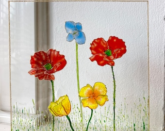 Atrapasueños de amapolas de vitral: decoración de escritorio con flores silvestres pintadas a mano