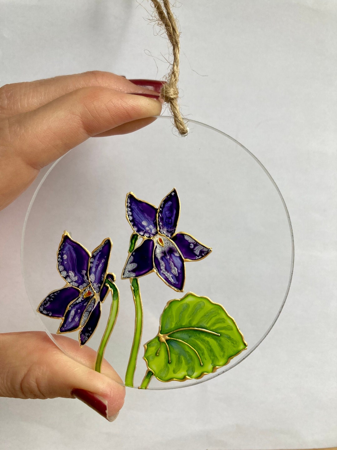 Violets Flower Gift Stained Glass Suncatcher Hand Painted Etsy