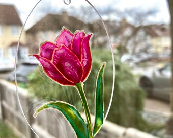 Adornos de primavera para el árbol con tulipanes rosados para mamá, atrapasol con flores rosas como regalo de Pascua