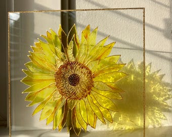 Cuadro artístico de vidrio con girasoles en soporte, vitral otoñal, regalo para el tercer aniversario.