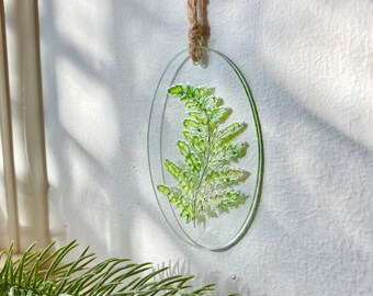 Adorno navideño de vitrales con hojas de helecho, atrapasol de helecho de bosque, regalo para amantes de las plantas