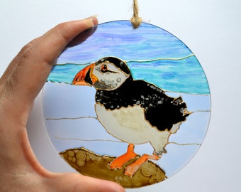 Pintura de frailecillo sobre vidrio, atrapasol de pájaro costero, regalo de arte de pared
