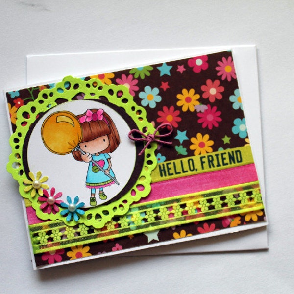 Hello Friend Greeting Card / Little  Girl with Balloon / Digi Stamped Card / Colorful Card / Blank Card