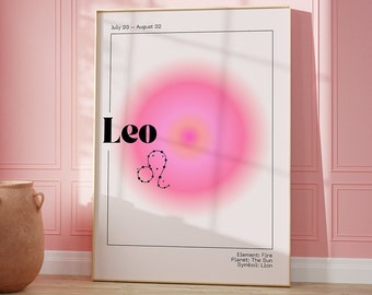 LEO Zodiac Wall Art Print Pink Aura Poster | Astrology Wall Art Minimalist DIGITAL DOWNLOAD | Pastel Danish Astrology Gift