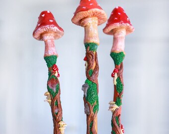 Mushroom Crystal Wand | Fairy Magic Scepter | Witch Altar Tool | Witchcraft Altar Tools | Magick Faerie Clay Wand Gifts for Witches, Cosplay