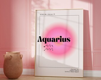 Aquarius Zodiac Art Print Pink Aura Poster | Astrology Wall Art DIGITAL DOWNLOAD | Pastel Danish Astrology Gift